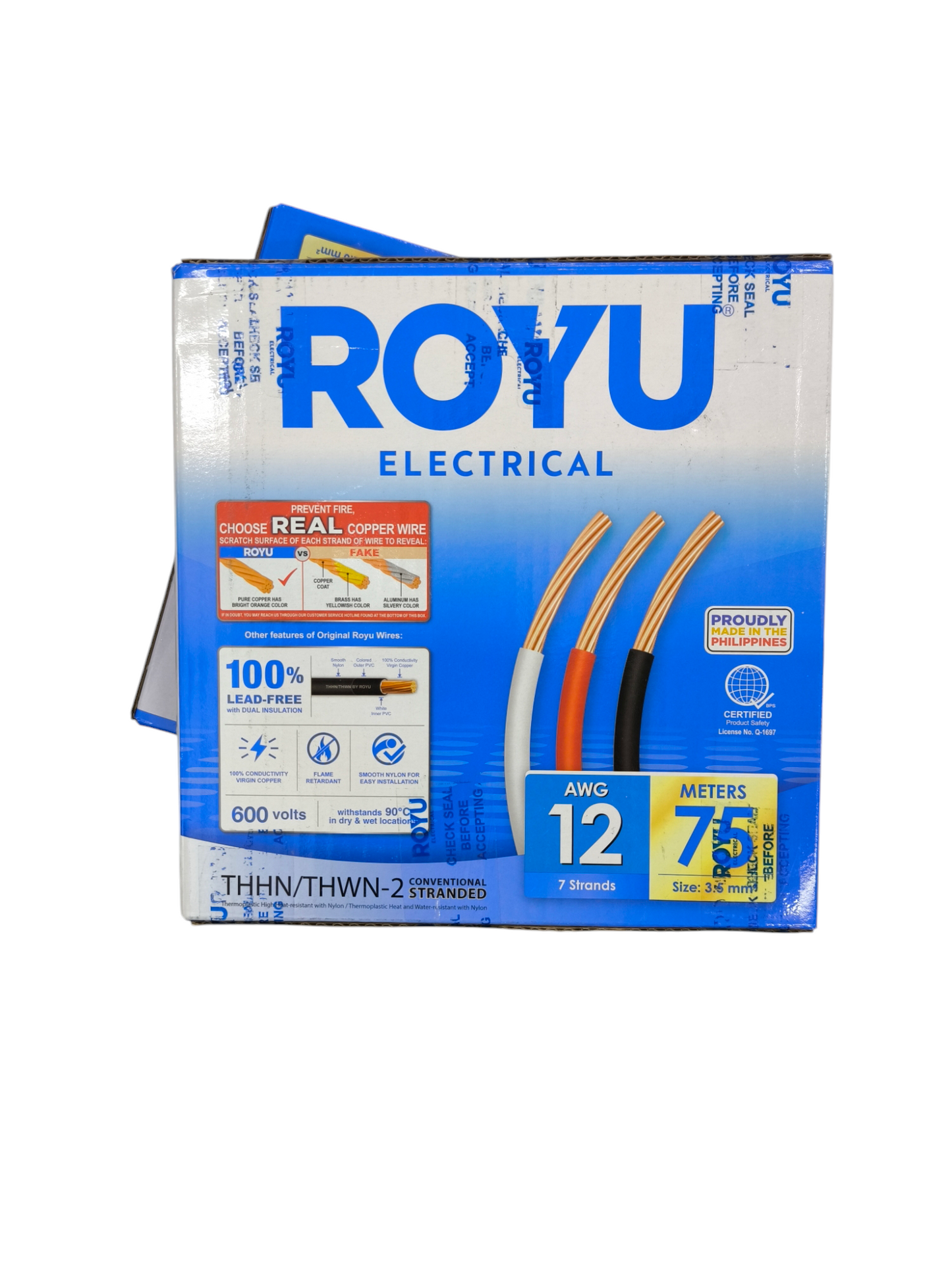 Royu Electrical packaging showing 12 AWG stranded wire yellow with red and black insulated conductors 75 meters
