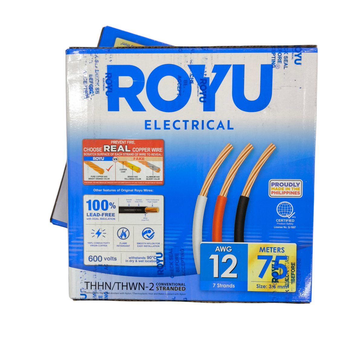 Royu Electrical packaging showing 12 AWG stranded wire yellow with red and black insulated conductors 75 meters