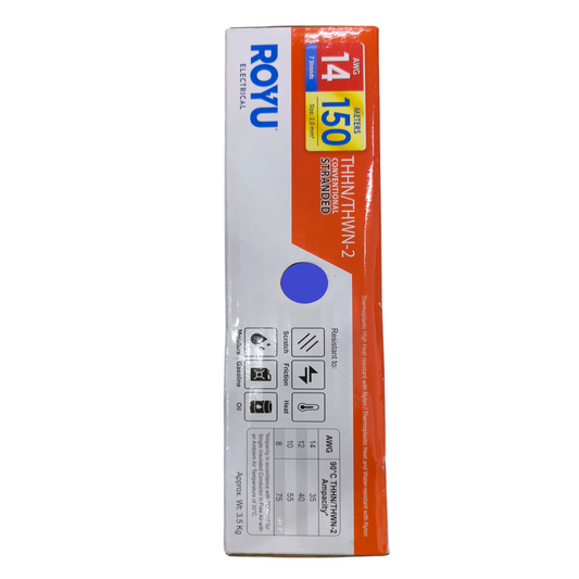 Box of 14/7 stranded copper wire 150 meters black Royu with specifications and safety icons