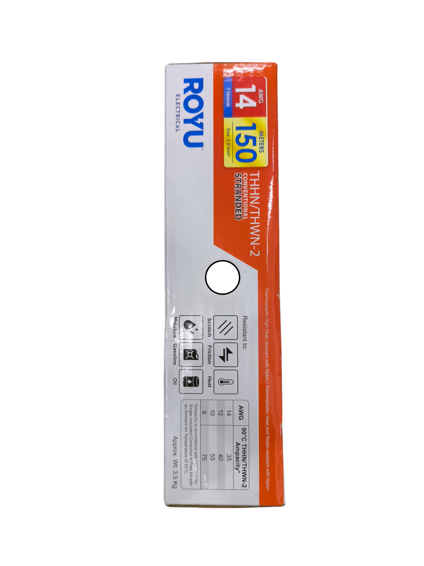 Box of Royu 2.0mm stranded wire AWG 14 blue Thhn with 150 feet length and electrical specifications