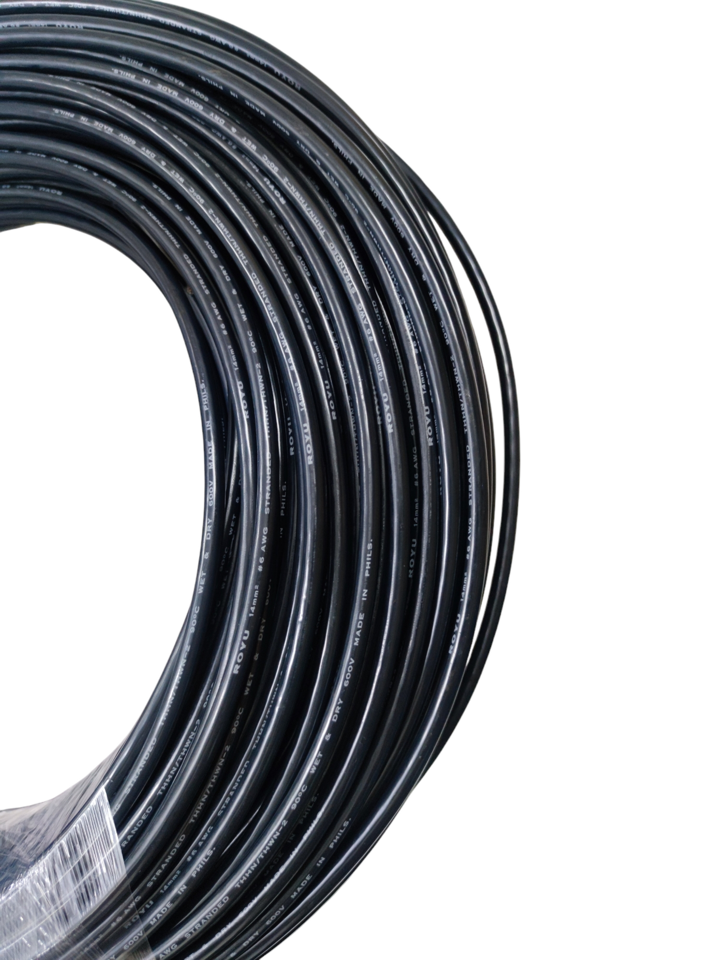 Coiled Royu 14mm THHN AWG 6 black insulated wire for electrical wiring applications