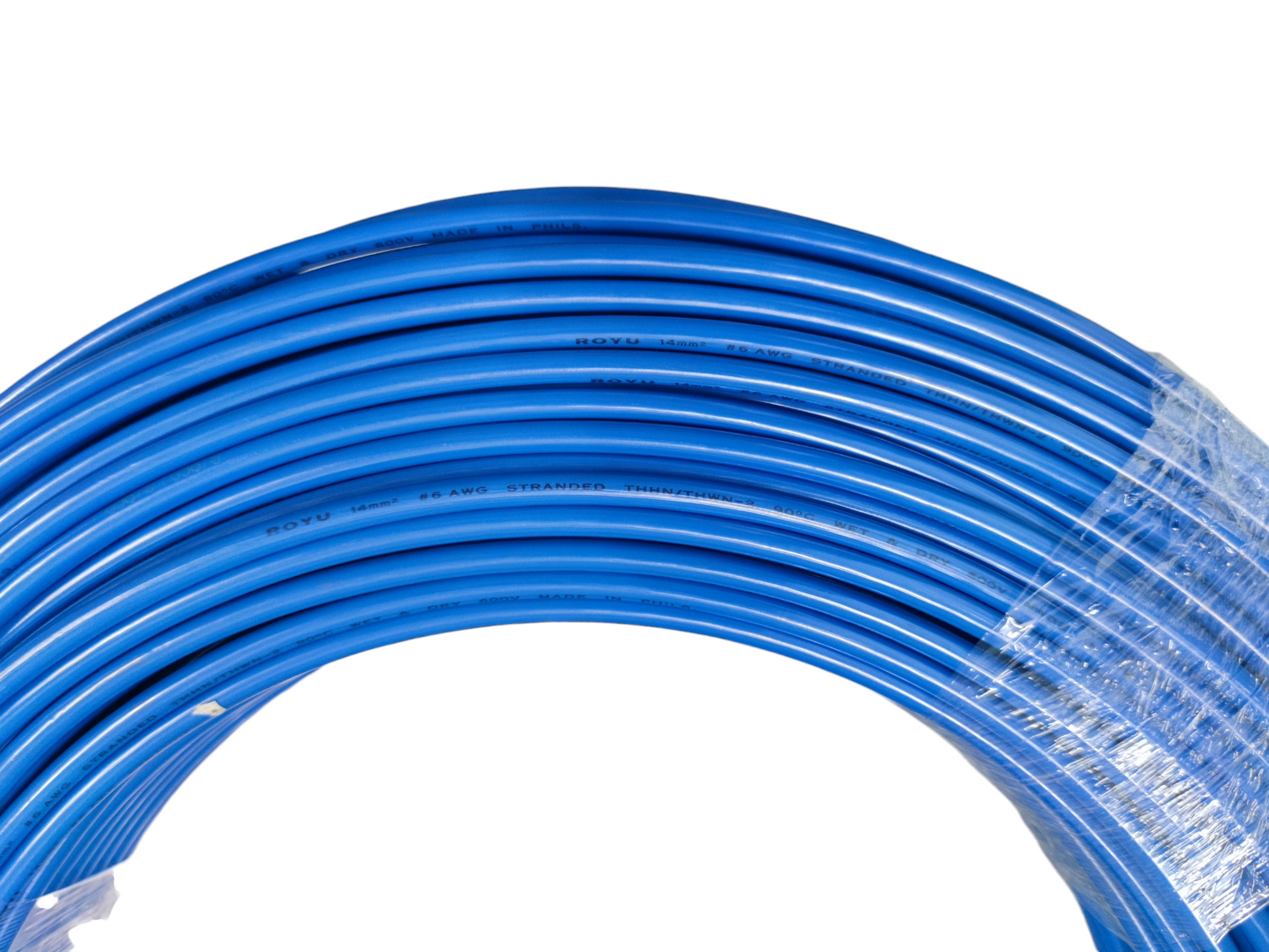 Coiled blue wire bundle labeled Royu 14mm THHN AWG 6 for electrical wiring applications