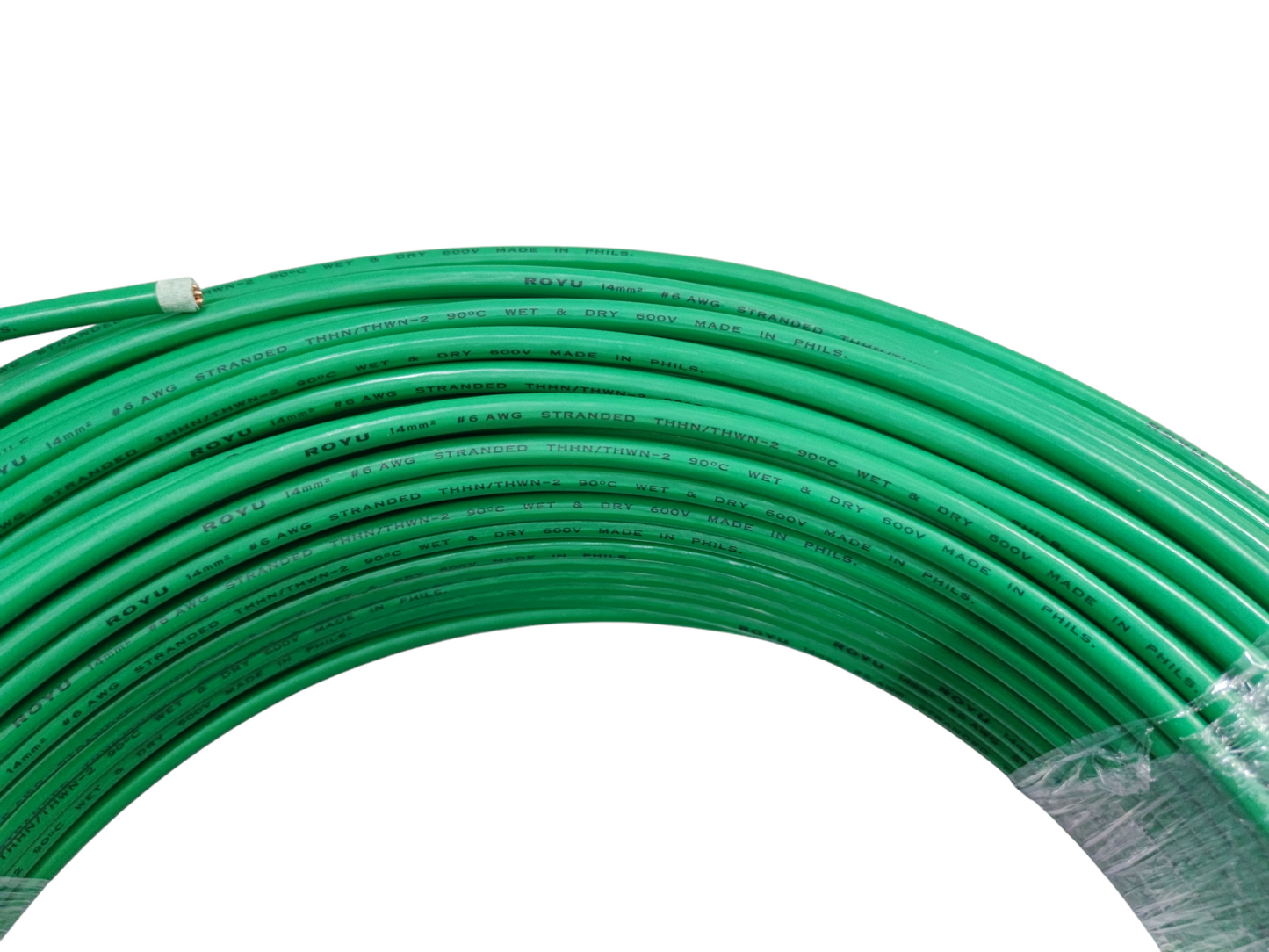 Coiled green Royu 14mm THHN AWG 6 electrical wire suitable for wiring and electrical projects