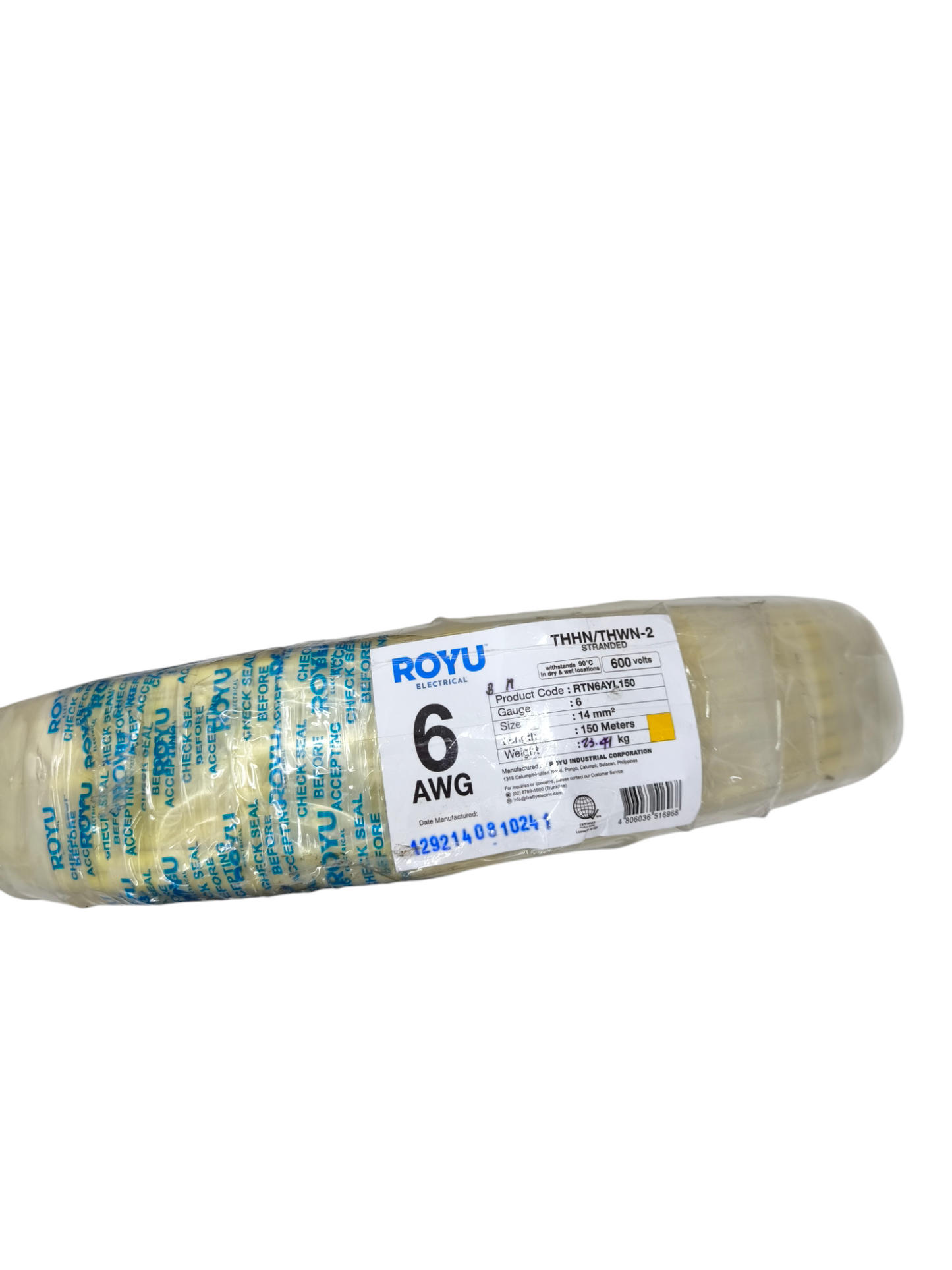 Rolled pack of Royu 14mm THHN AWG 6 electrical wire with clear labeling and protective wrapping
