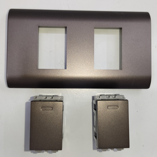 Royu 2 gang 3 way switch with bronze finish and matching faceplate for power points and switches
