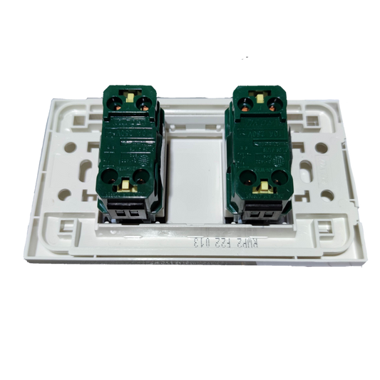 Back view of Royu 2 gang light switch showing wiring terminals and mounting plate