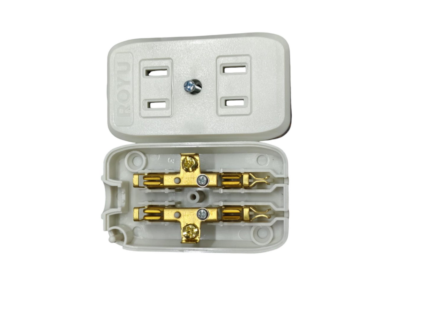 Royu 2 gang outlet 10A 250V open view showing internal connections for electrical wiring