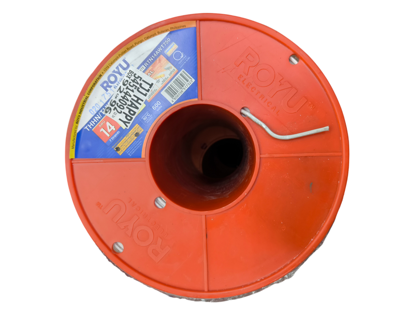 Royu 2.0mm stranded cable for sale on red spool with label and metal wire end exposed