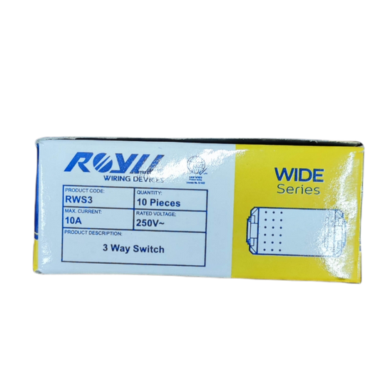 Royu 3 way switch Device Wide Series packaging showing product code and specifications