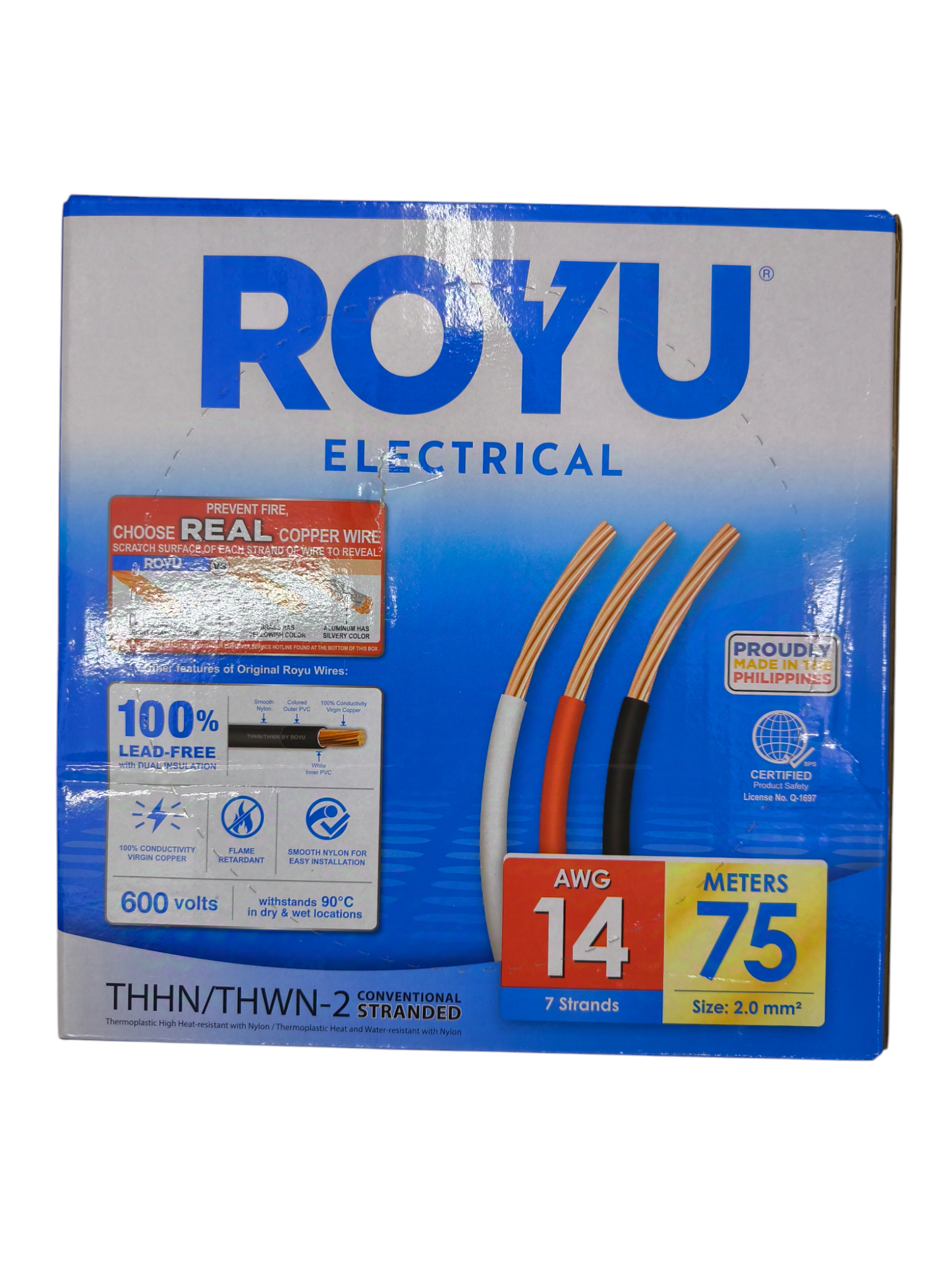 Royu AWG 14 pre cut THHN wire 75 meters electrical copper wire with 7 strands and 2.0 mm size