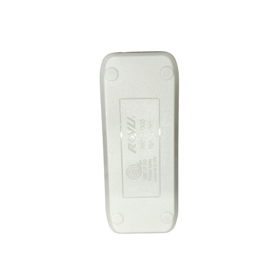 Royu 3 gang flat pin outlet white plastic rectangular back view showing embossed logo and mounting screw recesses