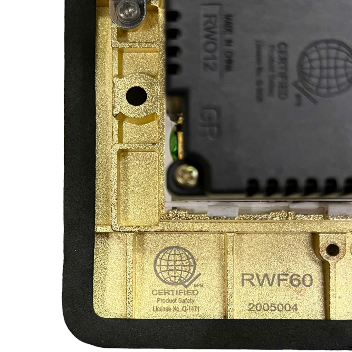 Royu Gold Plate Floor Outlet Voice and Data showing detailed corner with certification marks