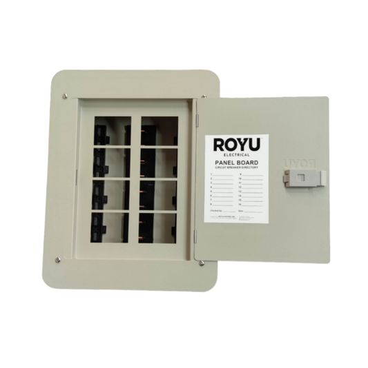 Royu Panel Board 4x4 8 Holes for 2 Pole Plug in electrical circuit breaker box with open door
