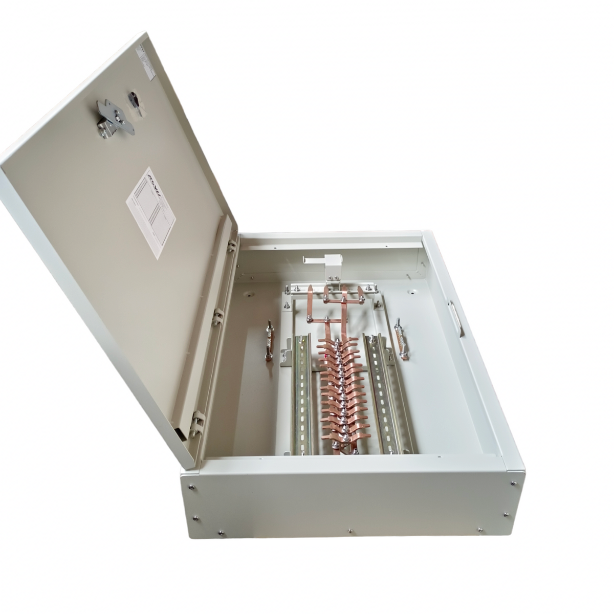 Royu MTS main panel board with interlock open metal enclosure showing copper busbars and terminal strips