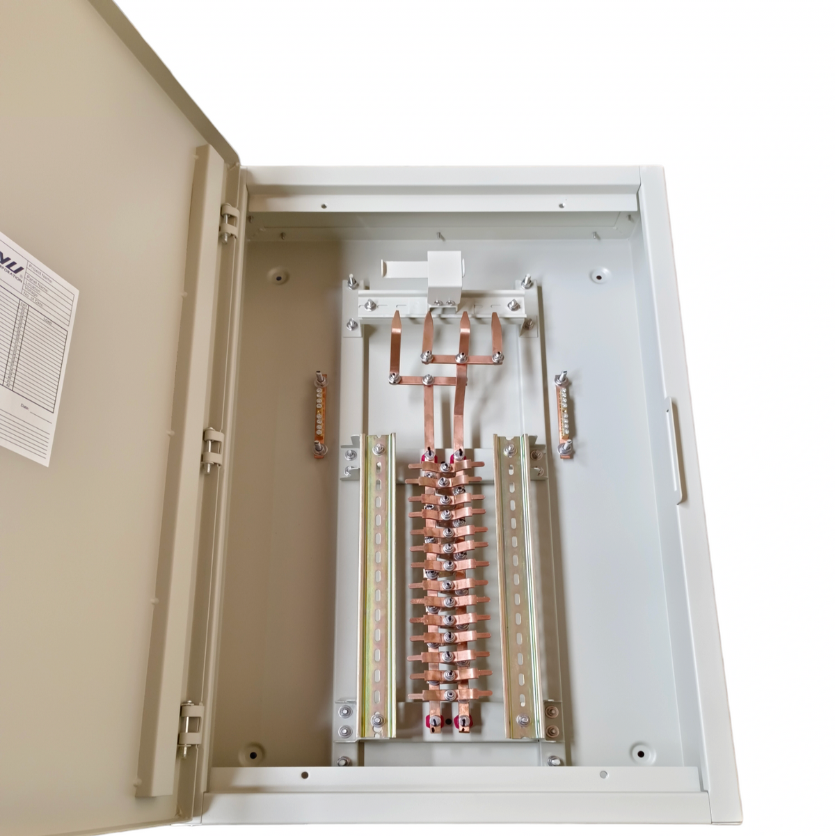 Royu MTS main panel board with interlock open metal enclosure showing copper busbars and terminals