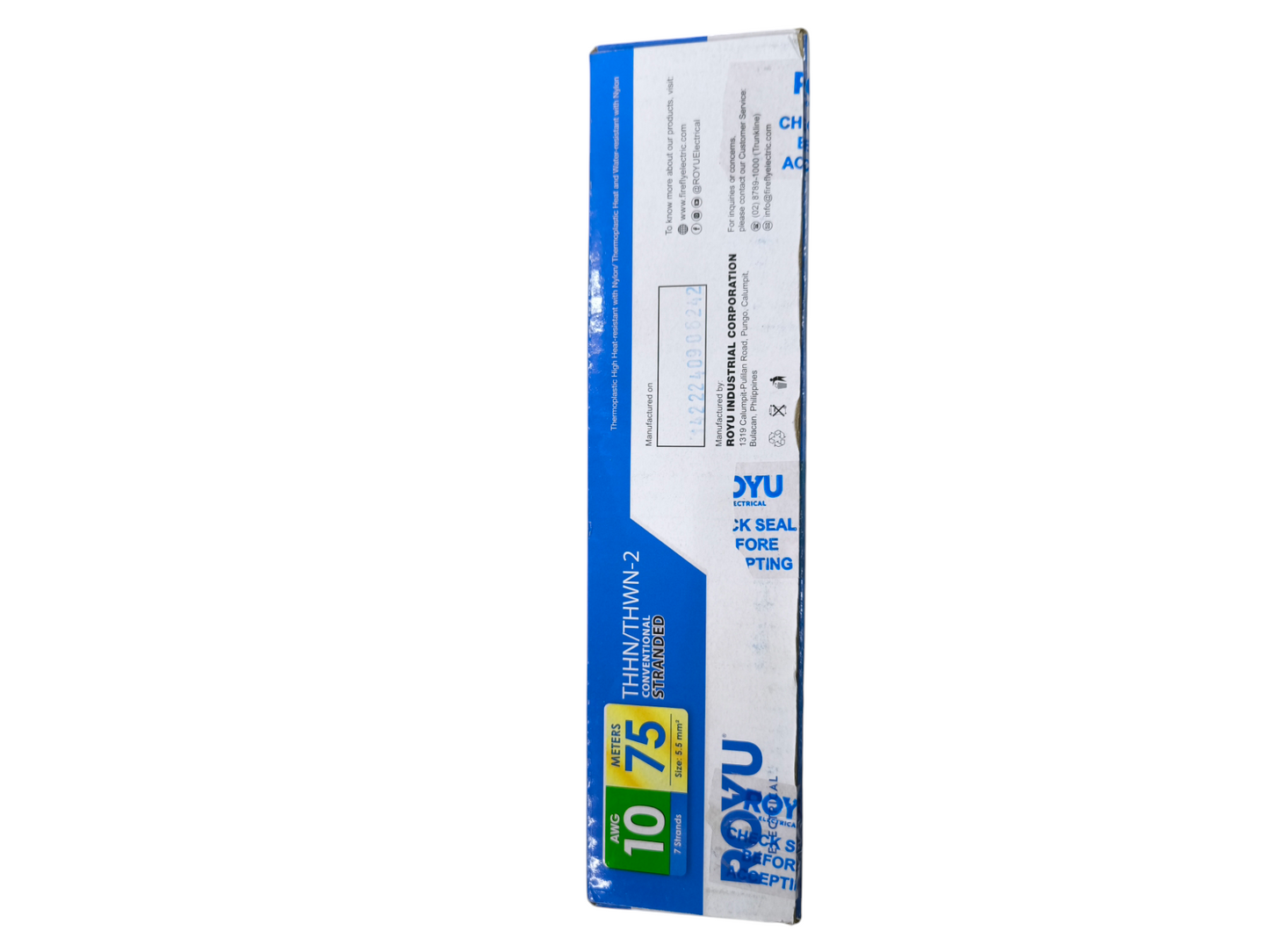 Royu THHN AWG 10 Stranded Wire Green packaged in a blue and white box for electrical use