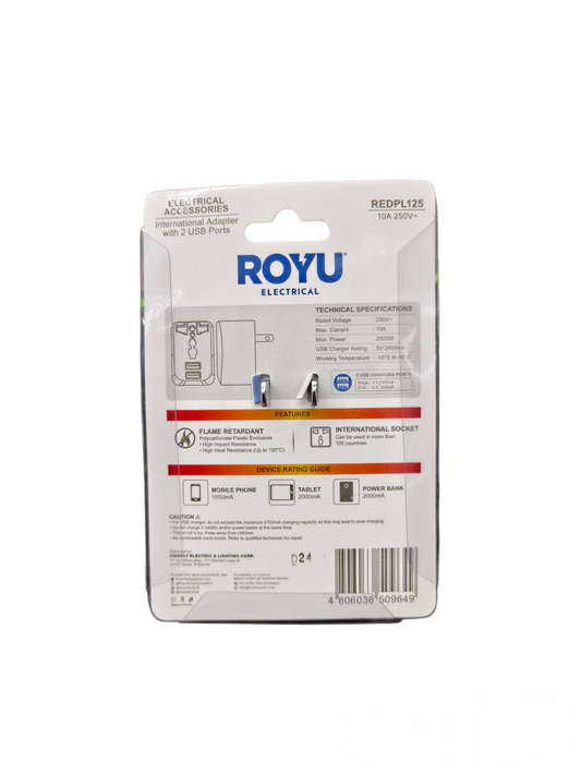 Royu Travel Adaptor with Universal Outlet packaging showing electrical specifications and device compatibility