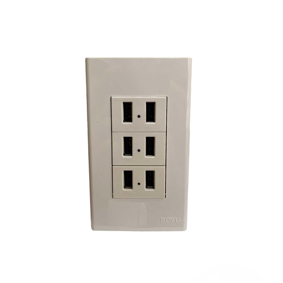 Royu USB Outlet with Plate Cover featuring three dual USB ports in white wall charger design