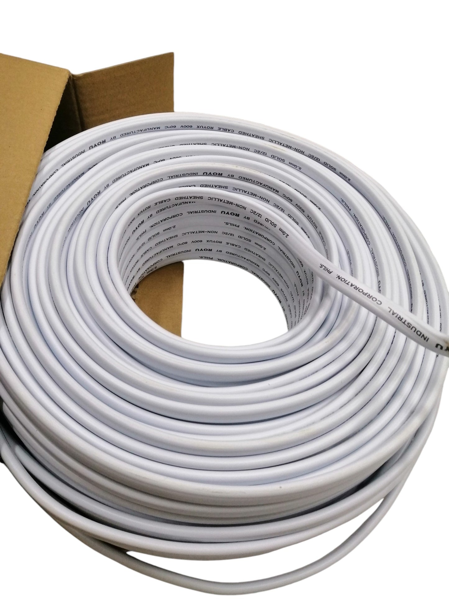 Royu cable management 2.0mm 2C duplex solid wire white coiled neatly in open cardboard box