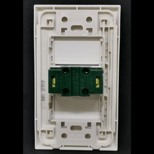 Royu 1 Gang Universal Outlet with Plate rear view showing white mounting frame and green terminal block