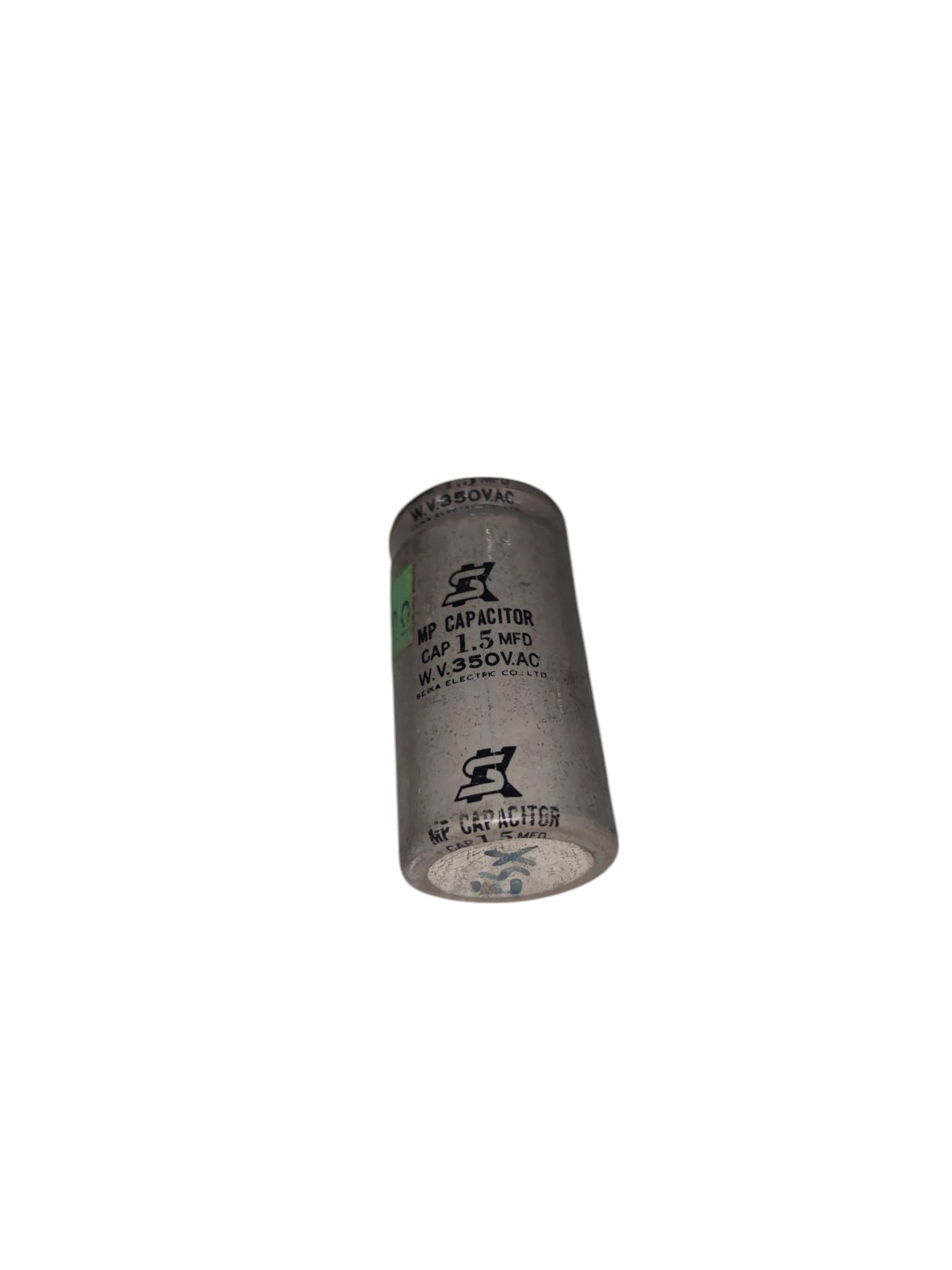 Gray cylindrical running capacitor for circuit repair with 1.5 microfarad rating made in China