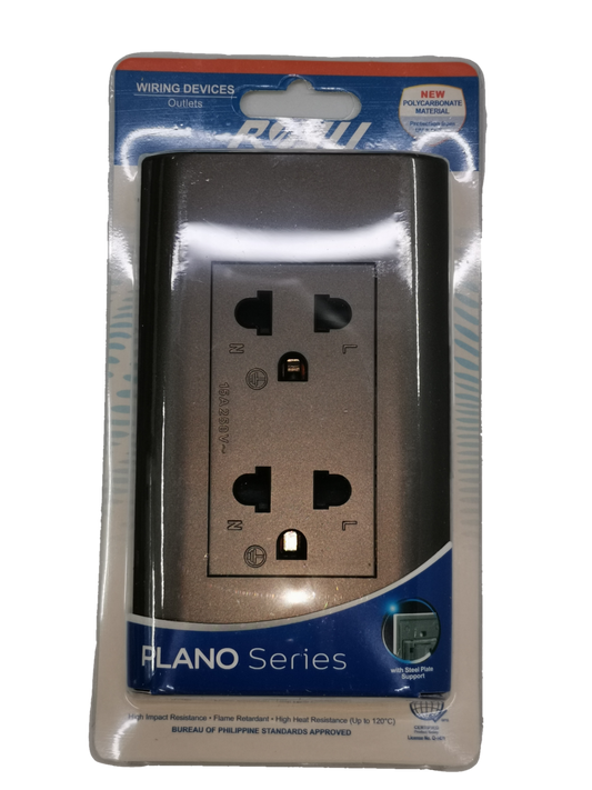 Royu Outlet with Ground Dark Gray from Alano Series packaged for wiring devices and power points