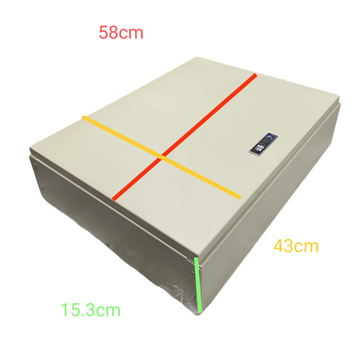 Schneider Panel Board EZC100 Main 2Pole 100A electrical enclosure with dimensions 58cm by 43cm by 15.3cm