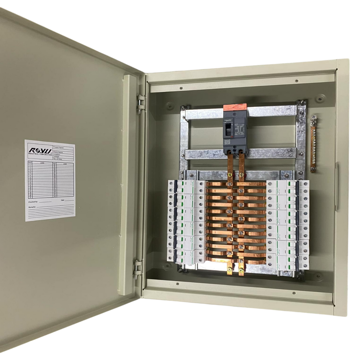 Schneider Panel Board EZC100 Main 2Pole 100A electrical circuit inside beige metal enclosure