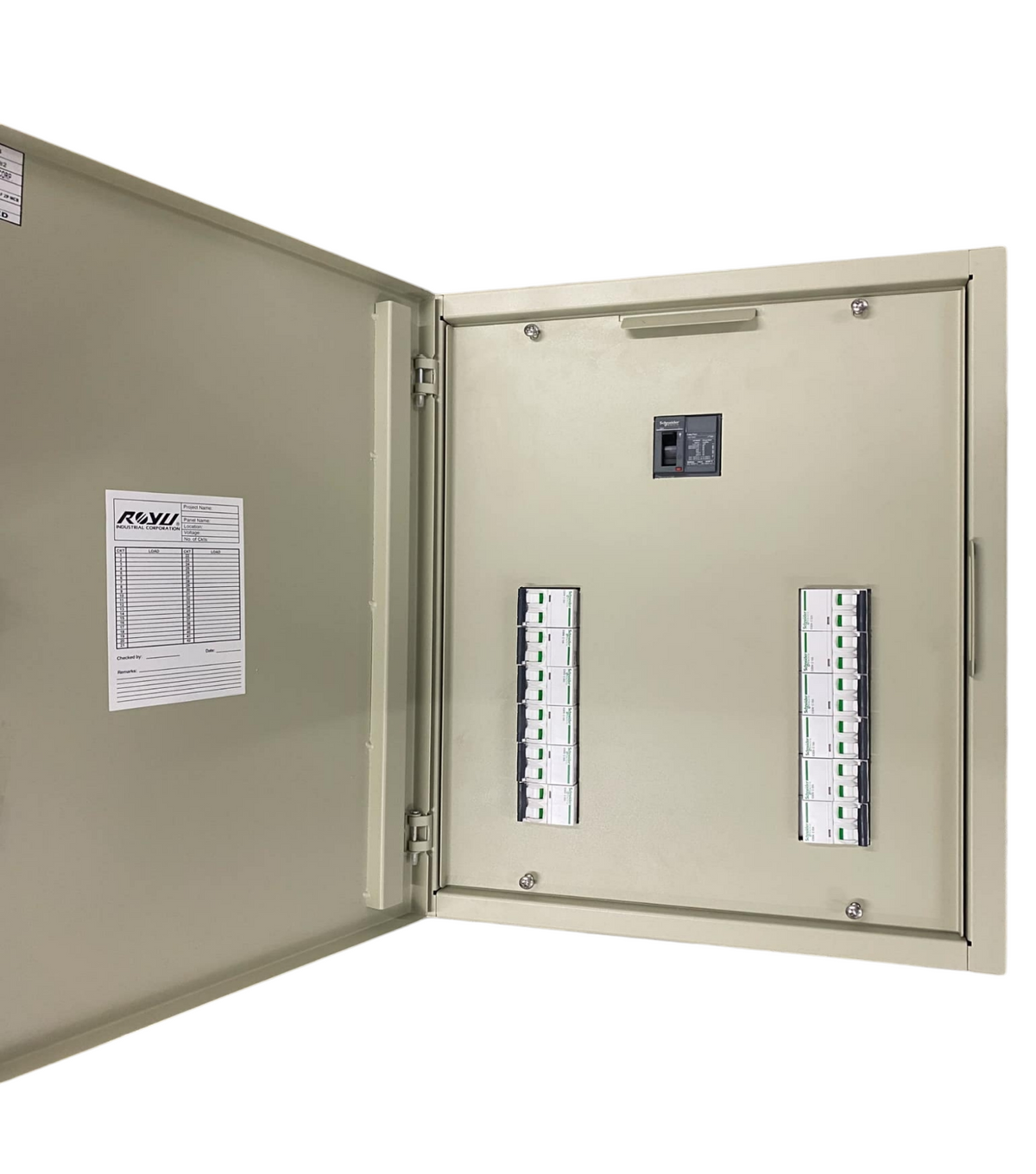 Schneider Panel Board EZC100 Main 2Pole 100A electrical circuitry with multiple circuit breakers inside metal enclosure