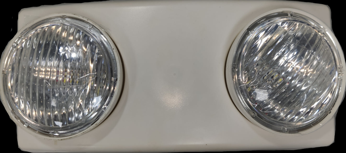 Denko emergency LED twin bulb light with dual round LED lamps in white rectangular housing for hallway and exit illumination