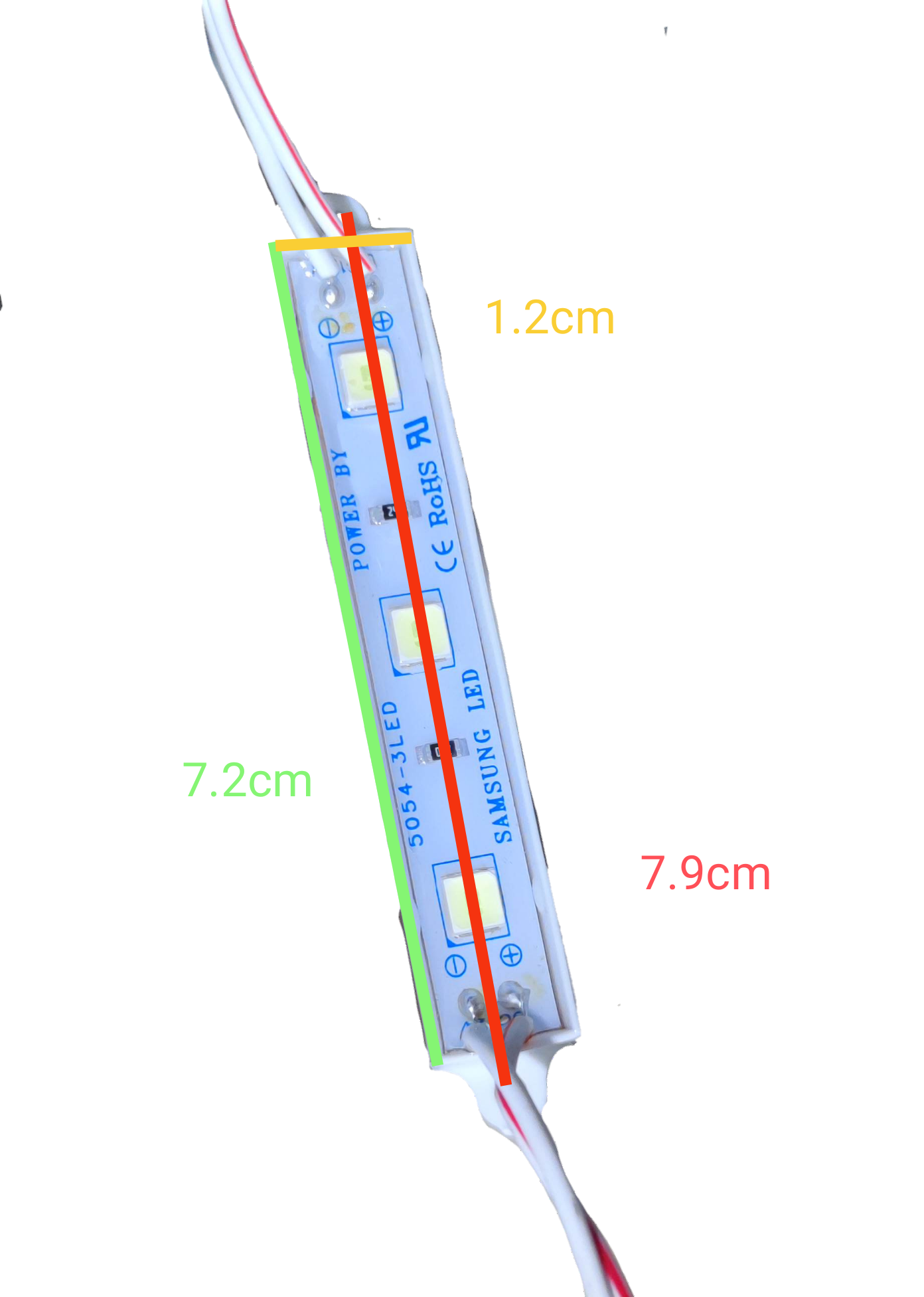 12V LED module daylight 6500K from China with three LED lights and wiring on a white strip