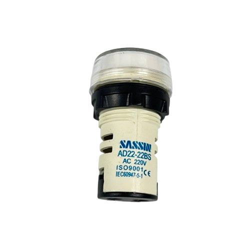 Sassin Pilot Lamp WHITE 22mm 220V AC indicator light with clear lens and snap in mount for control panels
