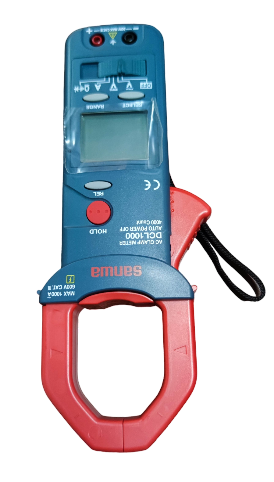 Sanwa 1000A Digital Clamp Meter with red clamp and blue body for electrical testing and measurement