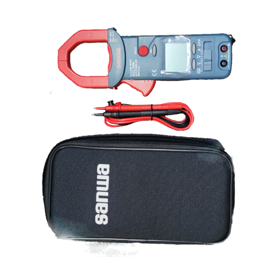 Sanwa 1000A Digital Clamp Meter with red and black test leads and black carrying case