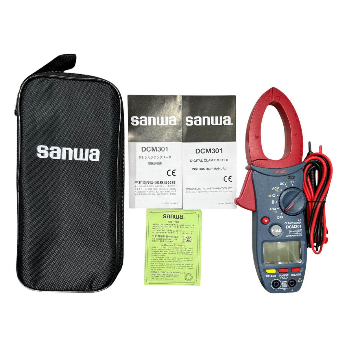 Sanwa digital clamp meter with carrying case, manual, and certificate on a white background Sanwa Digital AC Clamp Meter DCM301 Measure True RMS Method ACA 60A/600A/1000A Made In Japan Electx Electrical SUpply