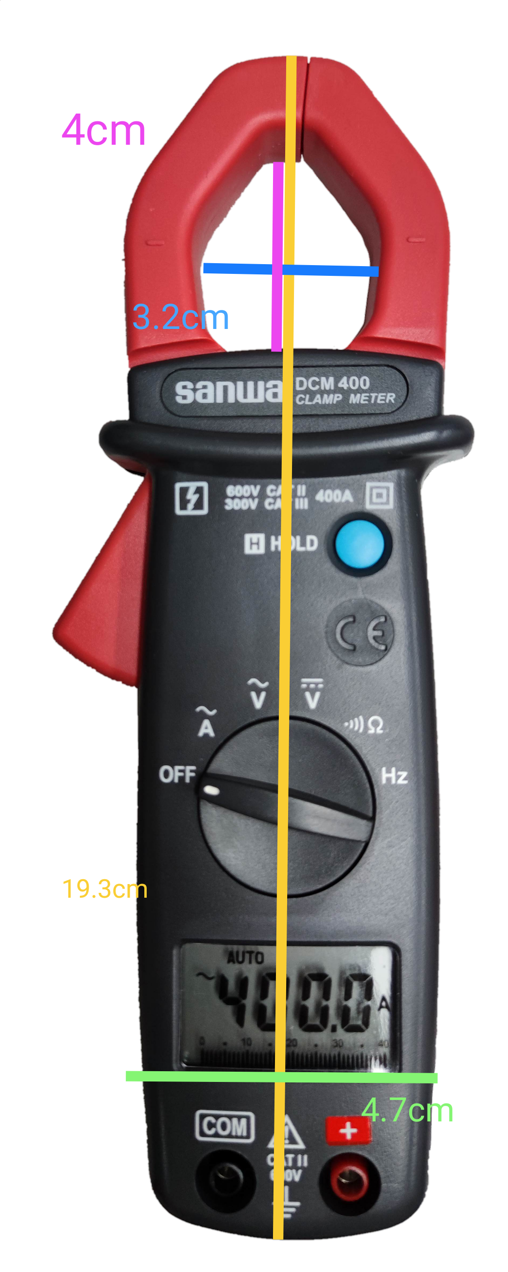 Sanwa Digital Clamp Meter DCM400 with red clamp and digital display for electrical measurements