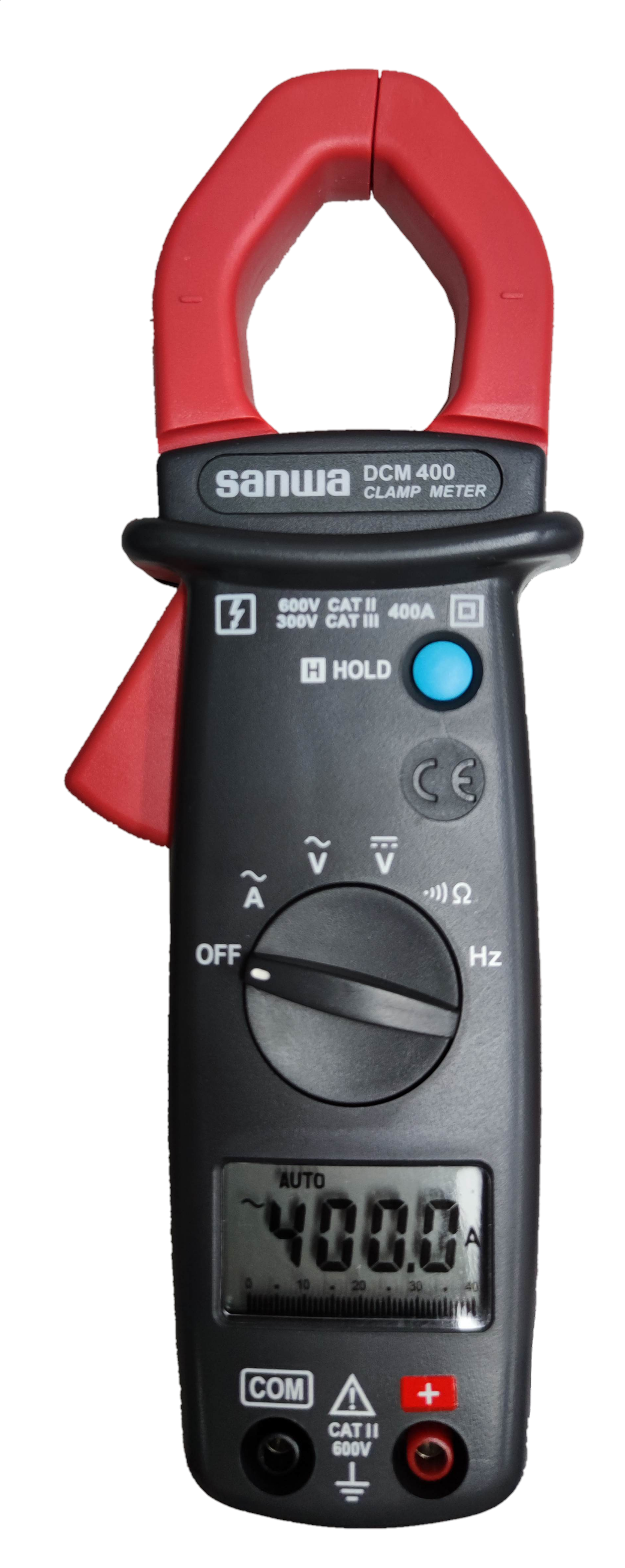 Sanwa Digital Clamp Meter DCM400 with red clamp and digital display for electrical testing