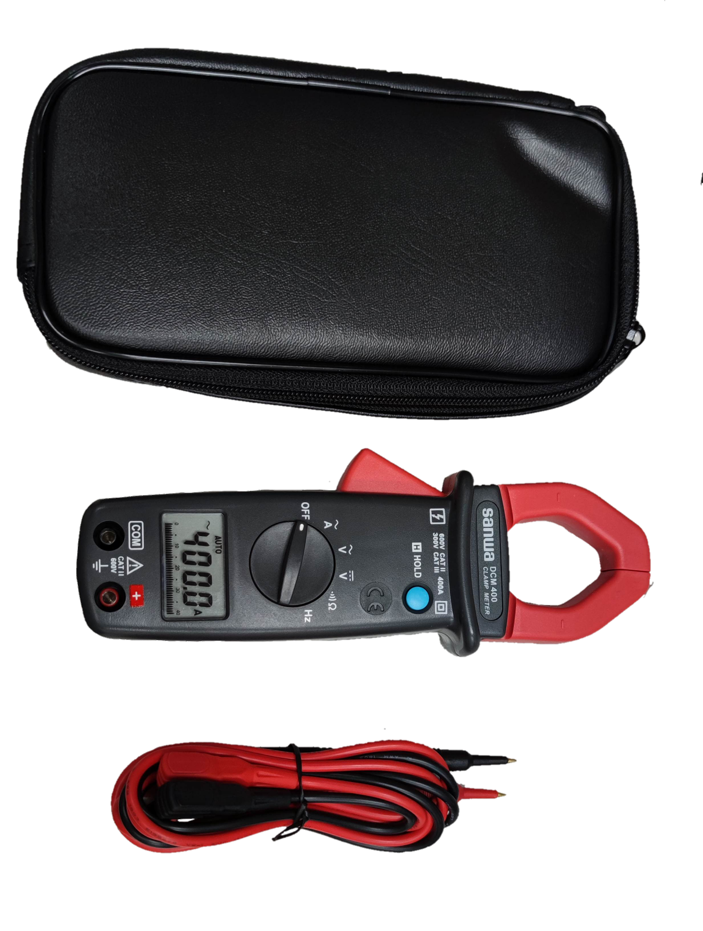 Sanwa Digital Clamp Meter DCM400 with carrying case and test leads for electrical measurements