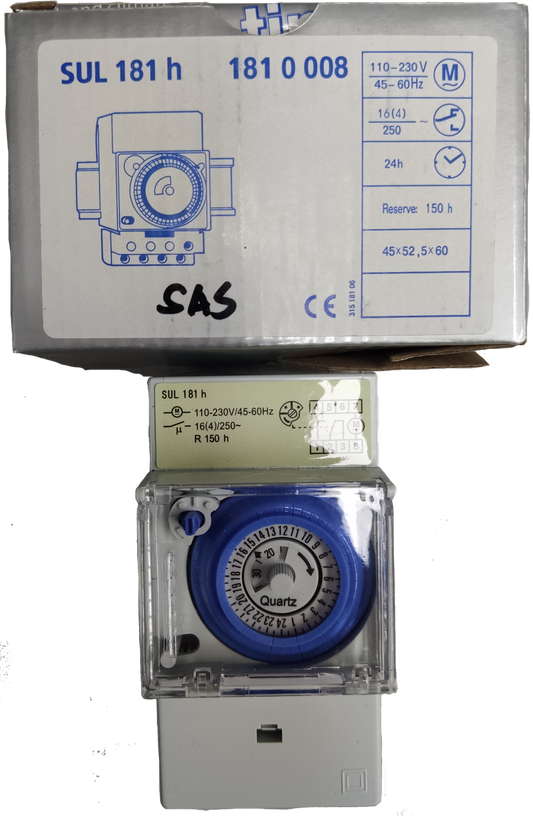 Grippes Timer Switch 24 Hour Mechanical with quartz dial and 110-230V rating in clear housing