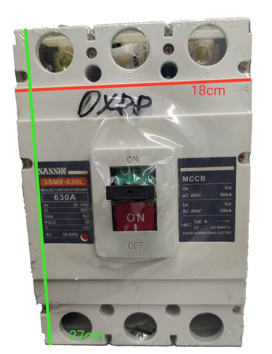 Sassin 630A Circuit Breaker 3 Phase Industrial with ON OFF switch and detailed specifications