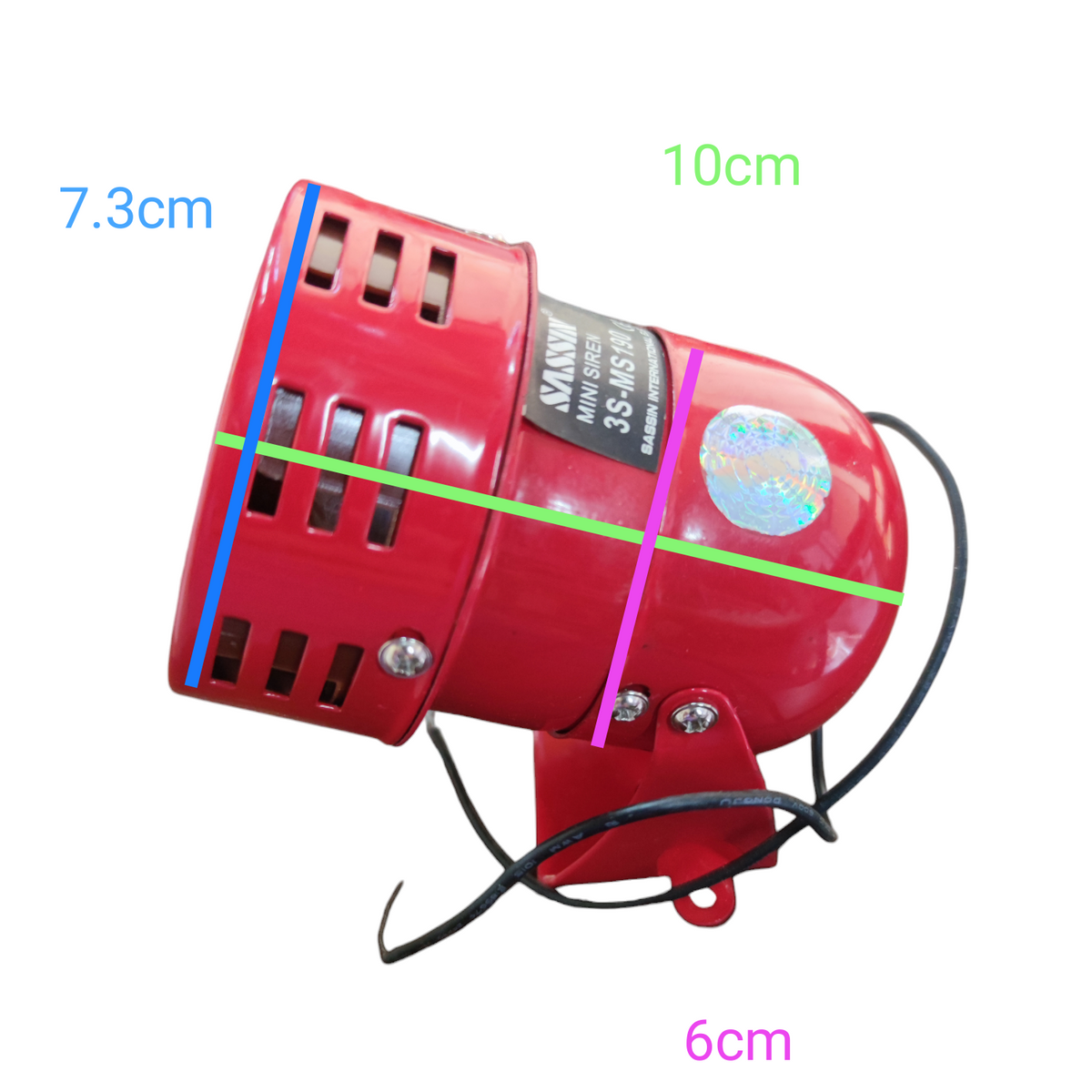 Sassin Mini Siren 220V Red 3S-MS190 compact red security siren with ventilation slots and mounting bracket