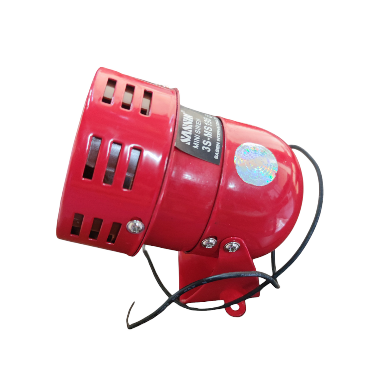 Mini Siren 220V Red 3S-MS190 by Sassin red alarm siren with ventilation slots and wiring