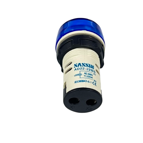 Sassin Pilot Lamp BLUE 22mm 220V indicator light with blue lens white threaded body and two pin rear connector