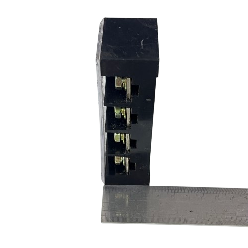 Grippes Sassin 100A 4 Pairs Terminal Block black plastic housing with brass screw terminals and ruler for scale