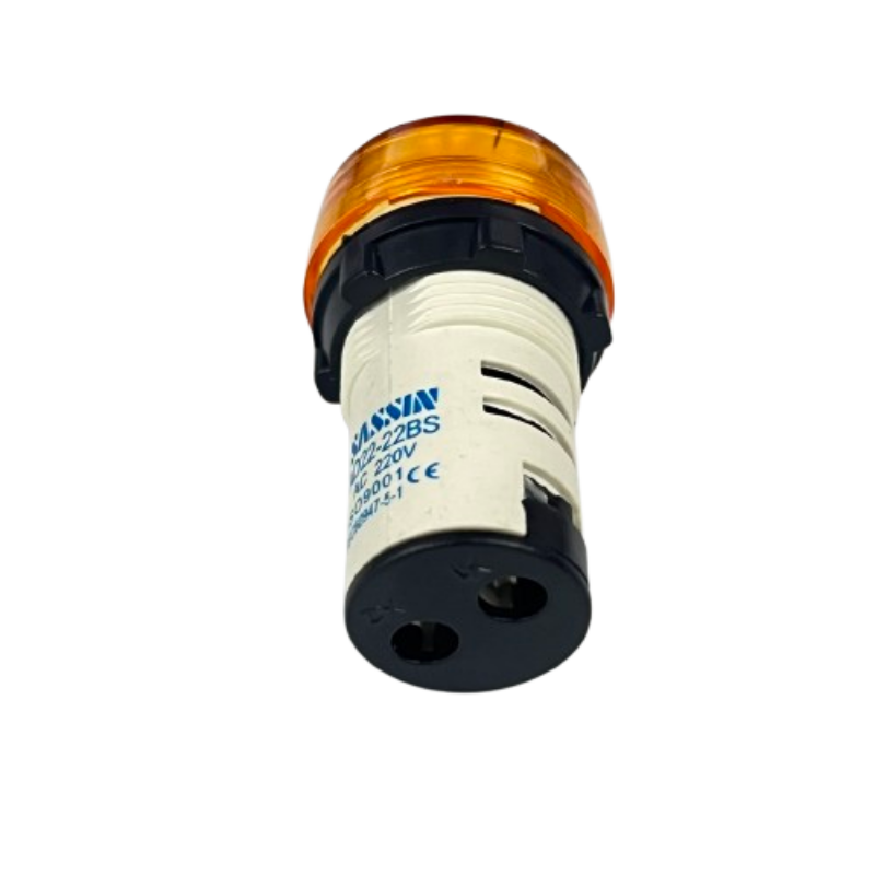 Sassin 22mm LED indicator lamp Yellow panel mount with amber lens white body and two pin connector