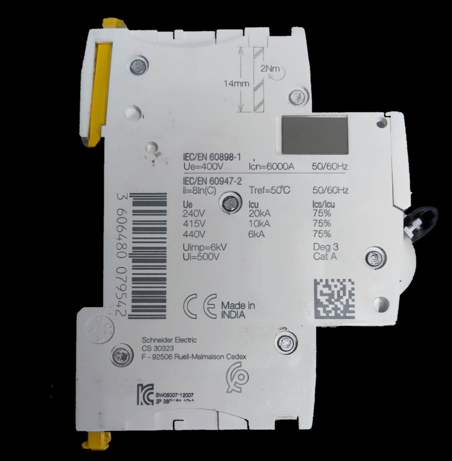 Schneider 10A Miniature Circuit Breaker 2 Pole white electrical component with technical specifications