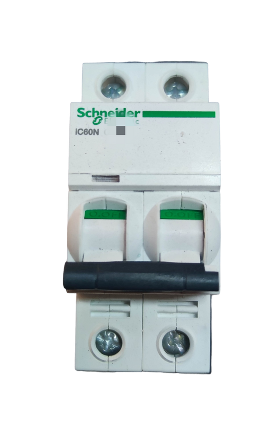 Schneider 10A Miniature Circuit Breaker 2 Pole white electrical component with green switches