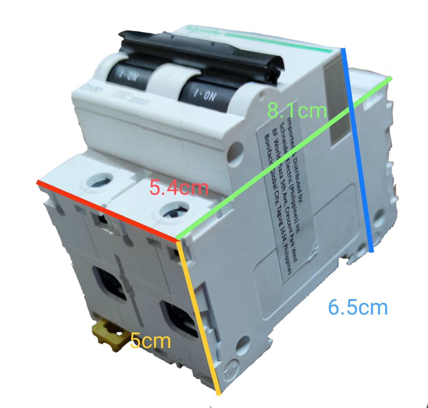 Schneider 125A Miniature Circuit Breaker 2 Pole in white with on off switch and dimensional markings