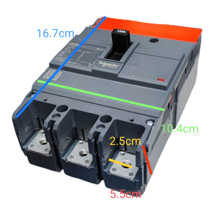 Schneider 160A 3 Pole Industrial Circuit Breaker with labeled dimensions for electrical circuitry applications
