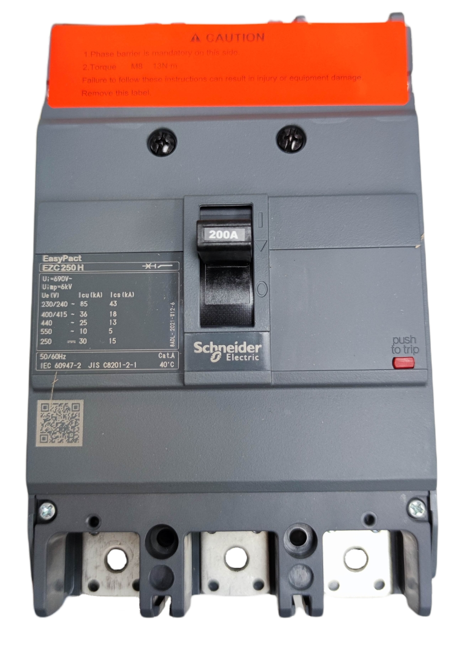 Schneider 200A 3 Pole Industrial Circuit Breaker EasyPact EZC250H model with safety instructions